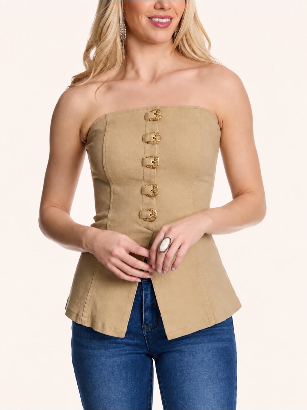 NEW blue b Tan Gold Metal Buckle Western Built In Bra Bustier Strapless Top